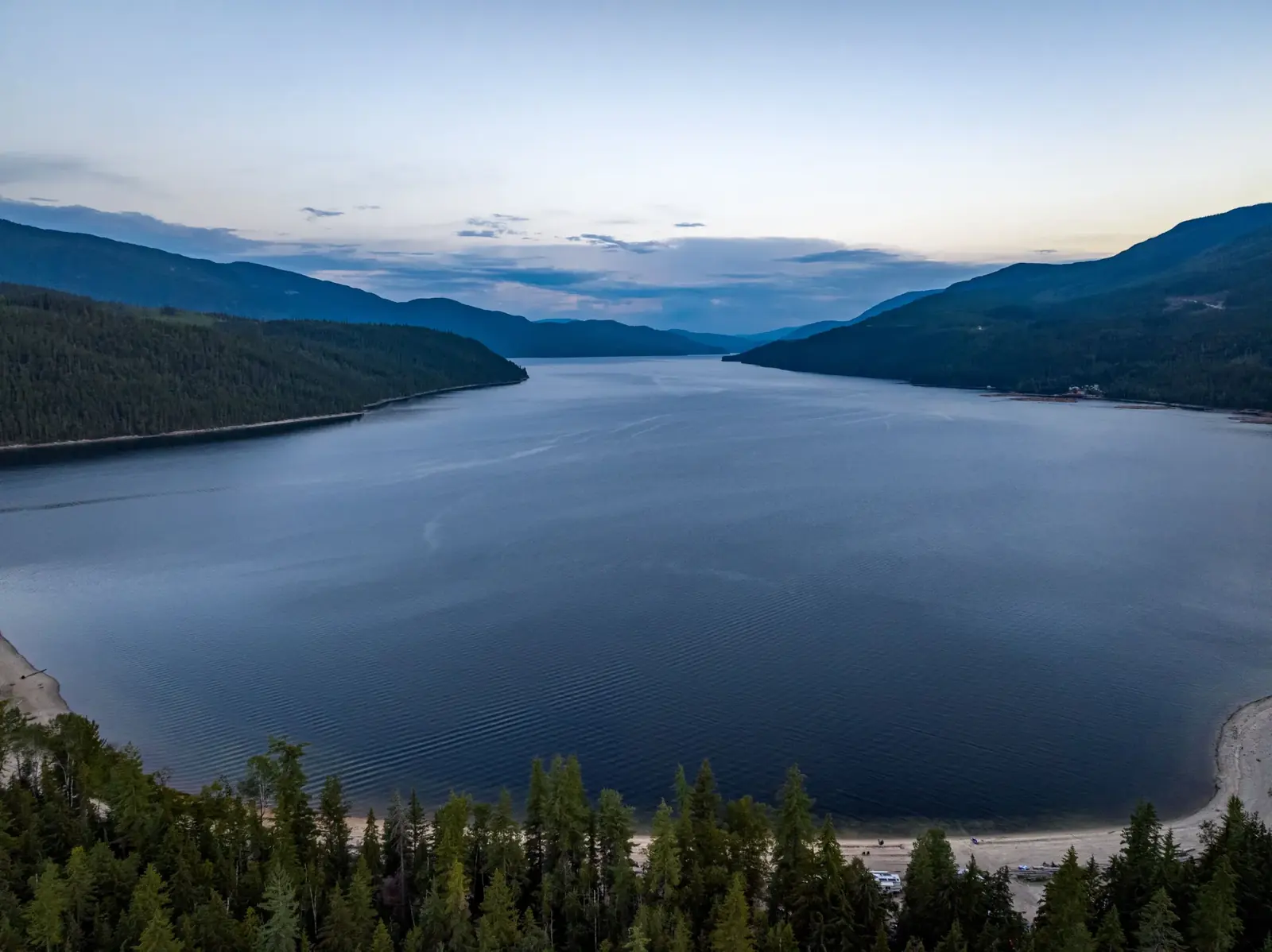 Shuswap Lake at dusk, seen from the hills above Blind Bay