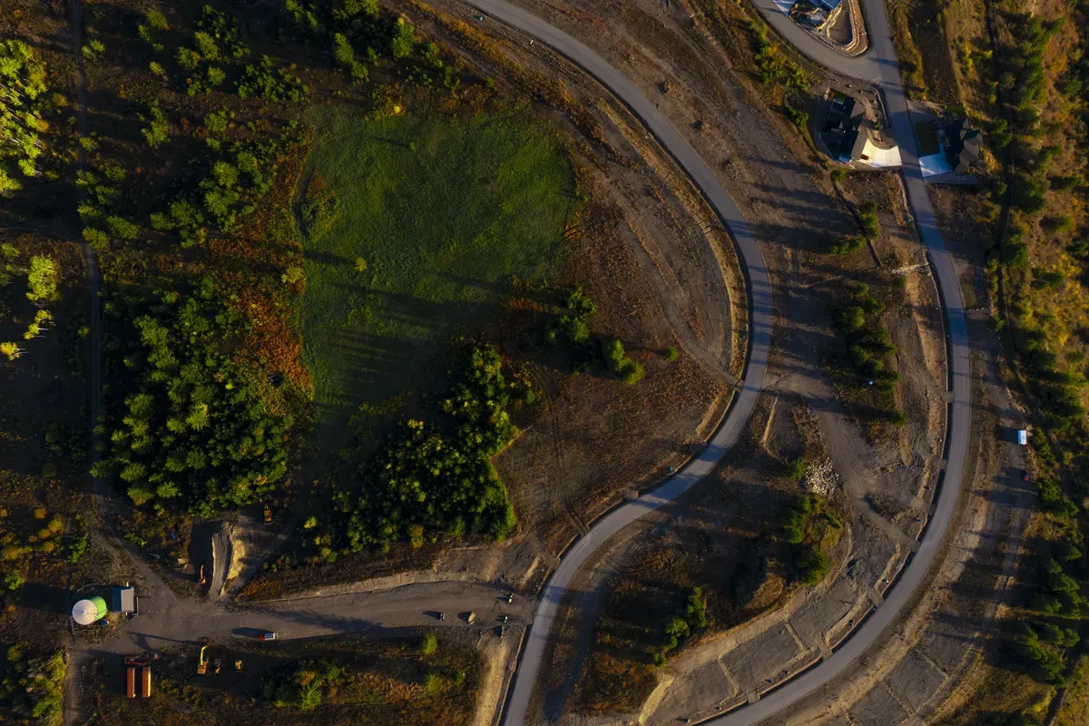 The Highlands Phase 3 site from directly above: Highlands Drive, Skyview Drive and every serviced lot, Blind Bay BC