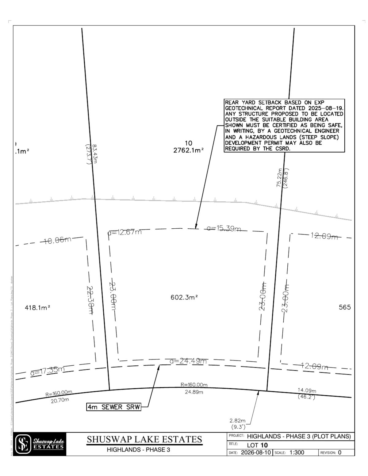 Lot 10 registered survey plot plan — dimensions, setbacks and easements, The Highlands at Blind Bay Phase 3