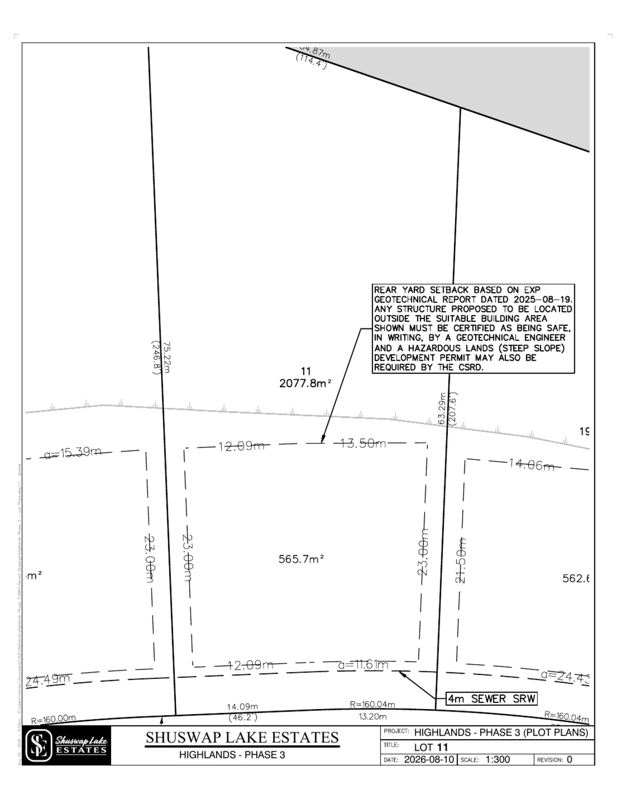 Lot 11 registered survey plot plan — dimensions, setbacks and easements, The Highlands at Blind Bay Phase 3