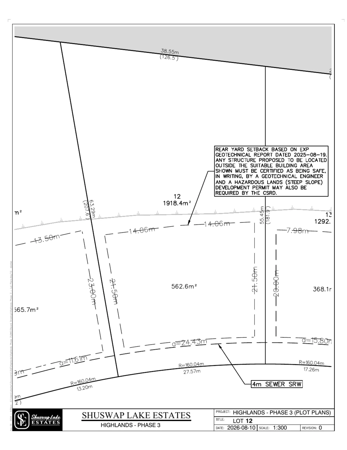 Lot 12 registered survey plot plan — dimensions, setbacks and easements, The Highlands at Blind Bay Phase 3
