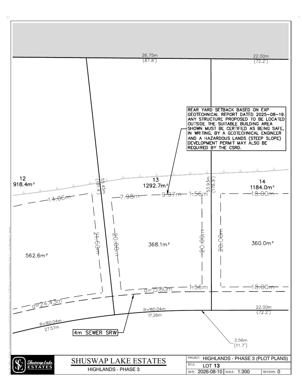 Lot 13 registered survey plot plan — dimensions, setbacks and easements, The Highlands at Blind Bay Phase 3