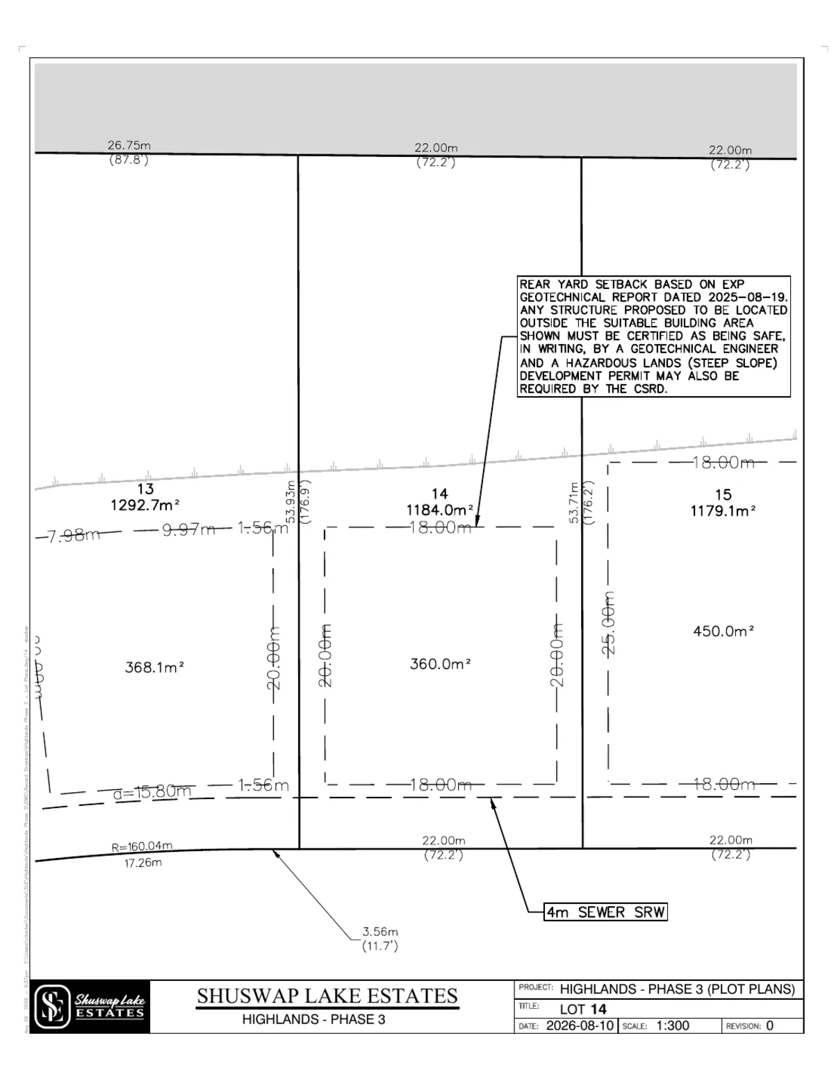 Lot 14 registered survey plot plan — dimensions, setbacks and easements, The Highlands at Blind Bay Phase 3