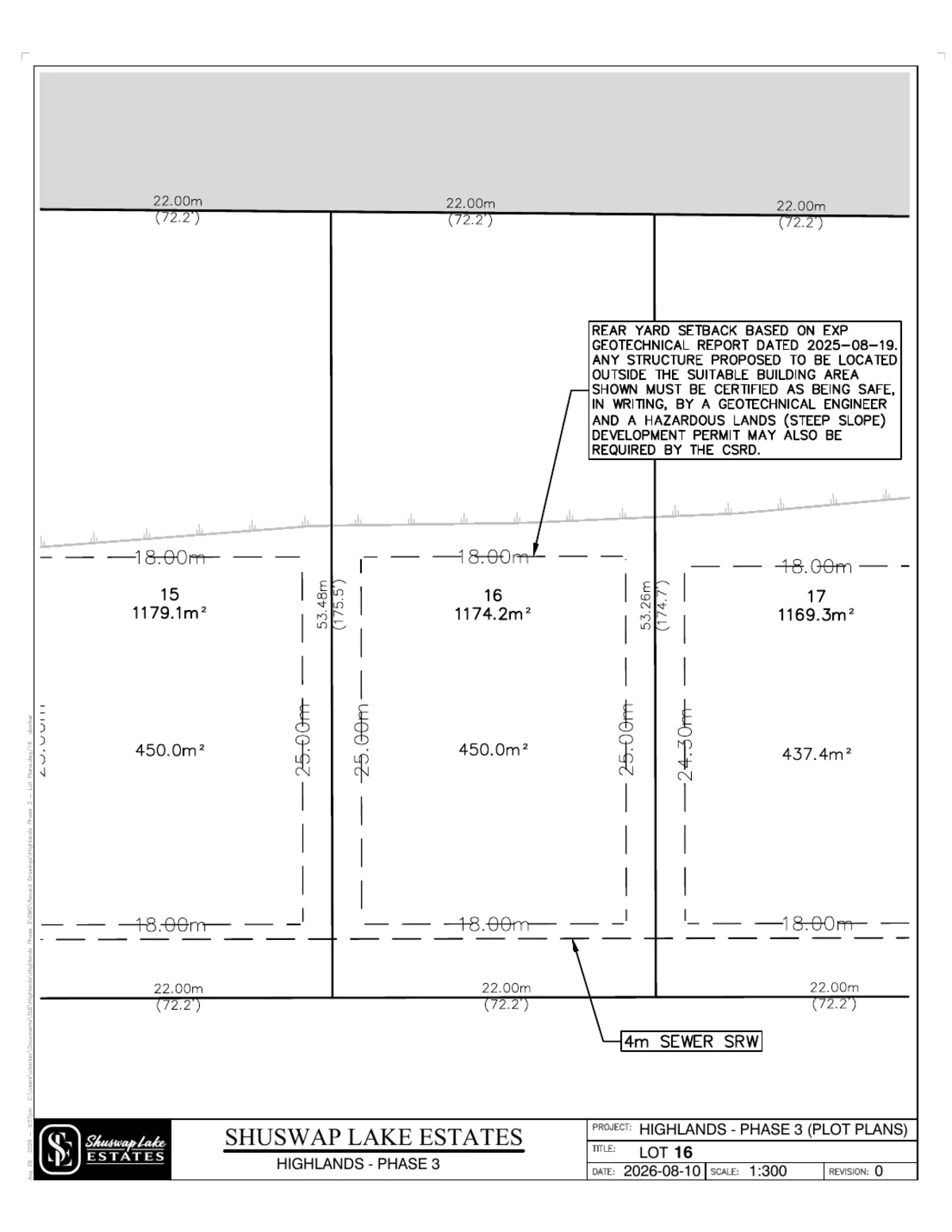 Lot 16 registered survey plot plan — dimensions, setbacks and easements, The Highlands at Blind Bay Phase 3