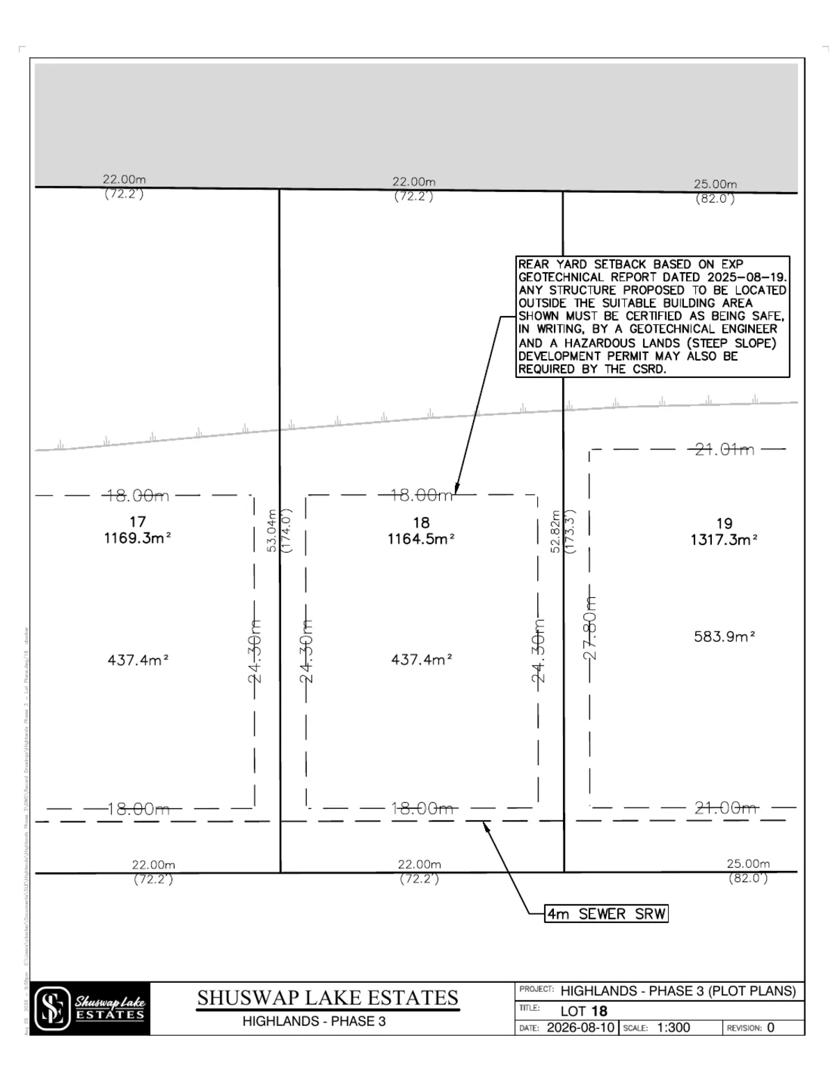 Lot 18 registered survey plot plan — dimensions, setbacks and easements, The Highlands at Blind Bay Phase 3