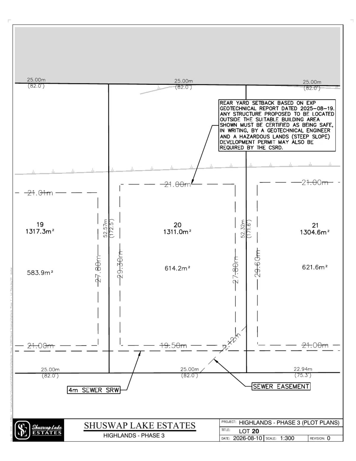 Lot 20 registered survey plot plan — dimensions, setbacks and easements, The Highlands at Blind Bay Phase 3