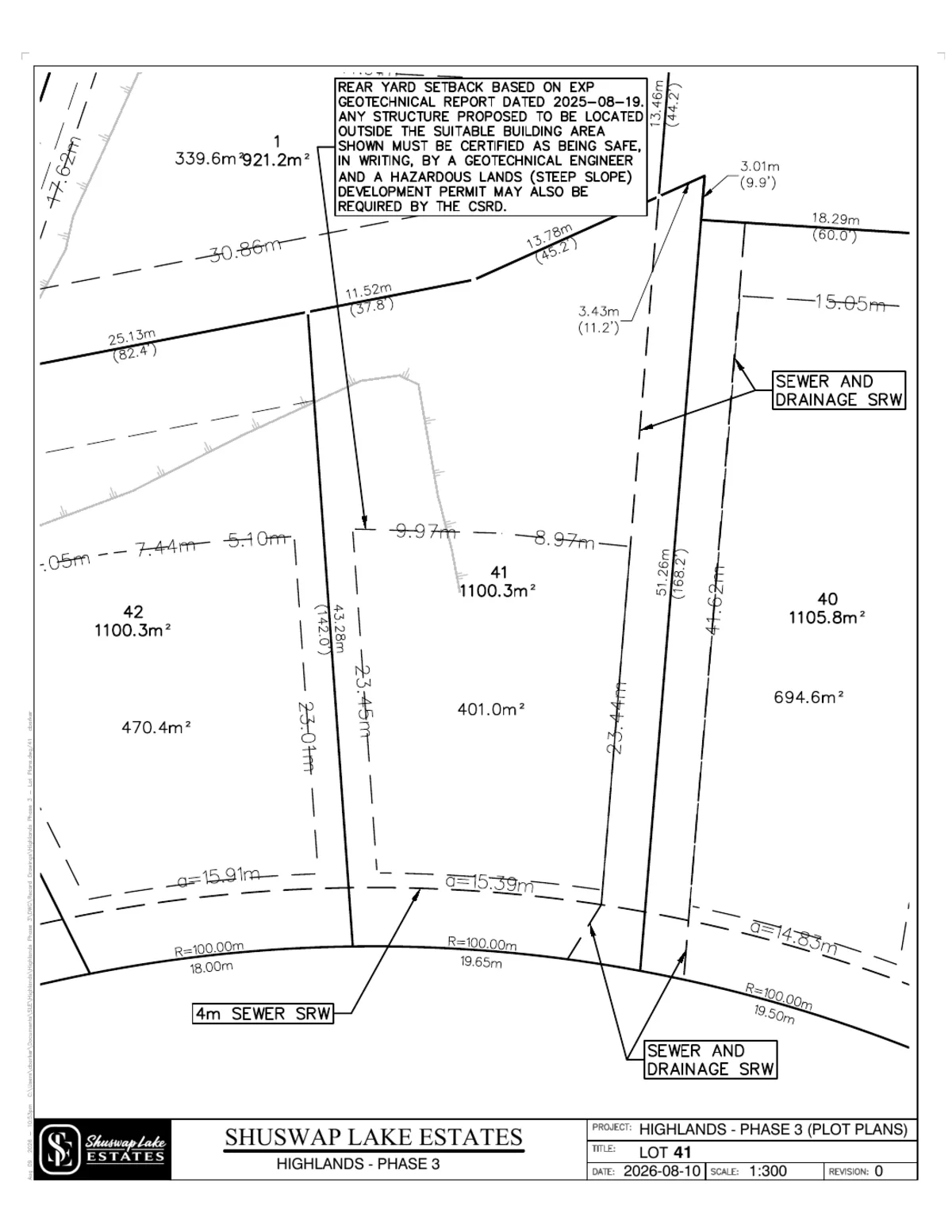 Lot 41 registered survey plot plan — dimensions, setbacks and easements, The Highlands at Blind Bay Phase 3