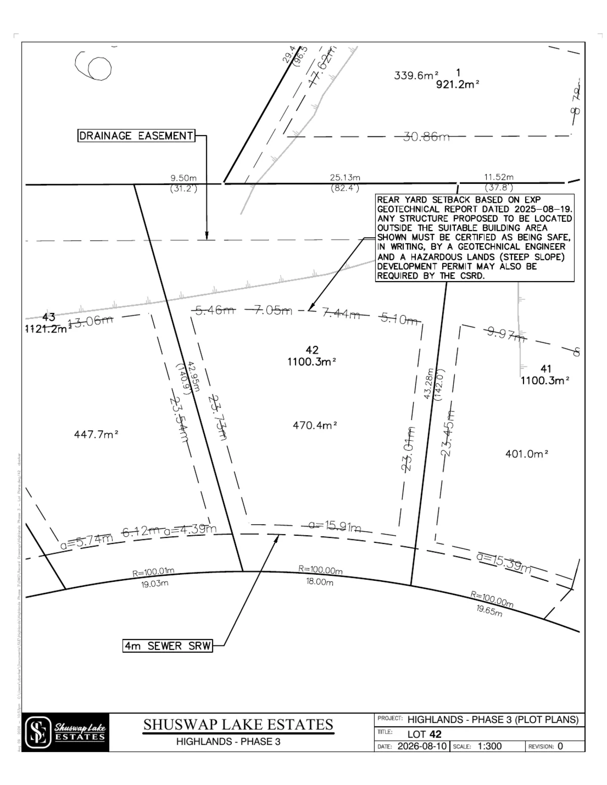 Lot 42 registered survey plot plan — dimensions, setbacks and easements, The Highlands at Blind Bay Phase 3