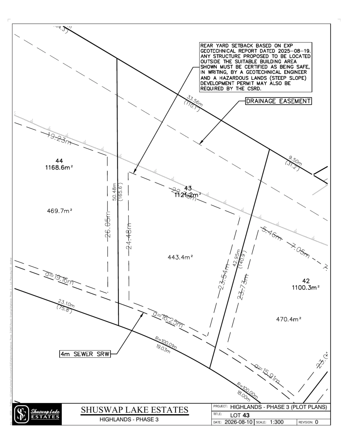 Lot 43 registered survey plot plan — dimensions, setbacks and easements, The Highlands at Blind Bay Phase 3