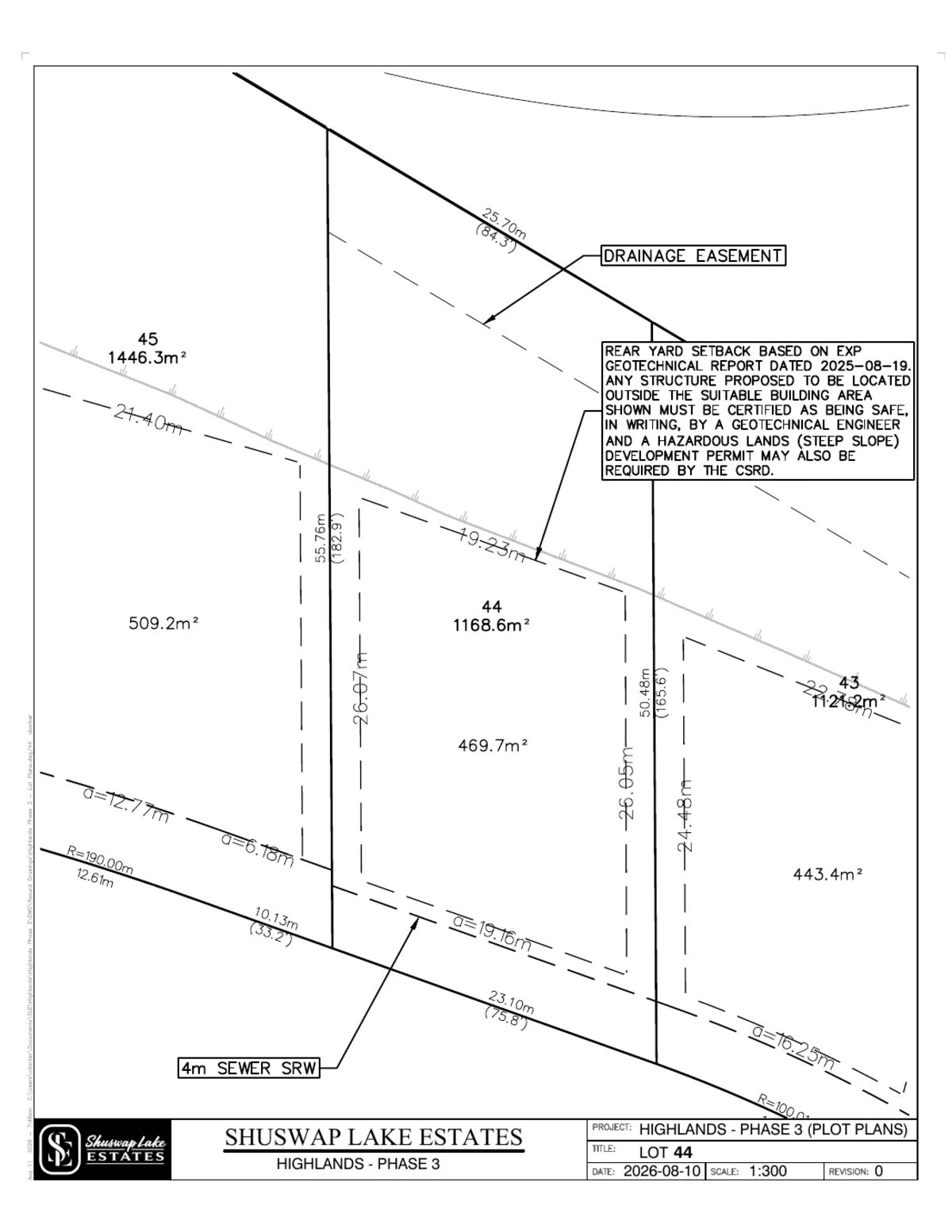 Lot 44 registered survey plot plan — dimensions, setbacks and easements, The Highlands at Blind Bay Phase 3