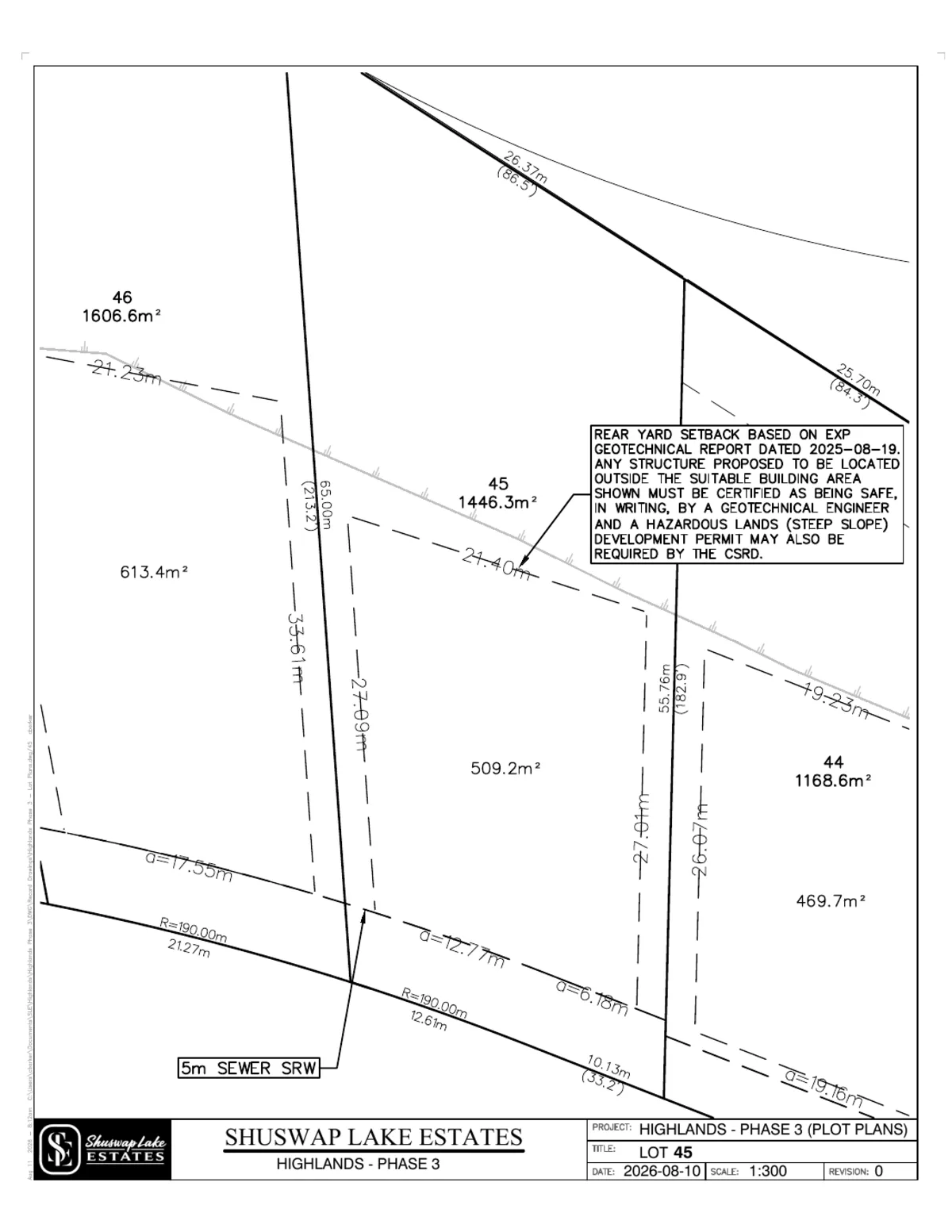 Lot 45 registered survey plot plan — dimensions, setbacks and easements, The Highlands at Blind Bay Phase 3
