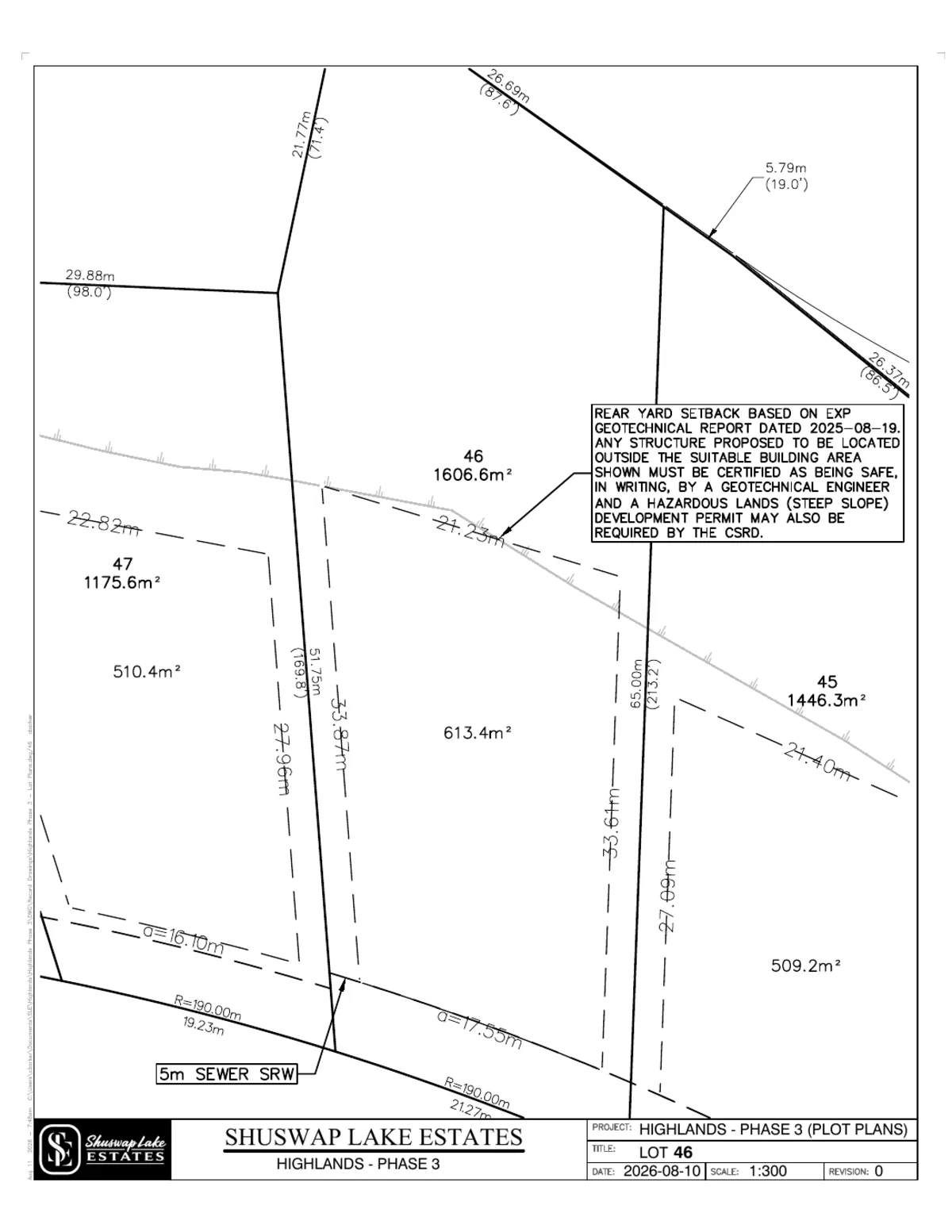 Lot 46 registered survey plot plan — dimensions, setbacks and easements, The Highlands at Blind Bay Phase 3