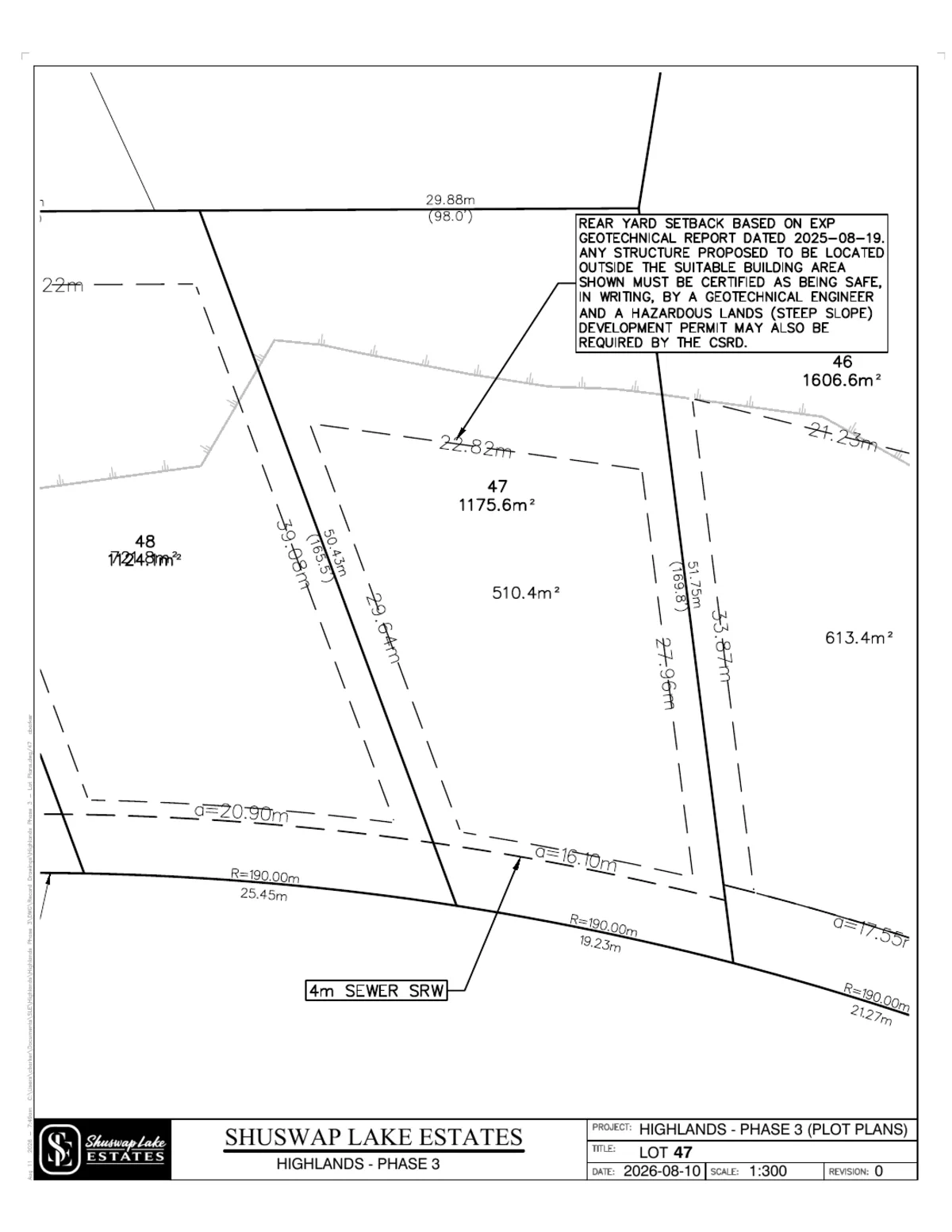 Lot 47 registered survey plot plan — dimensions, setbacks and easements, The Highlands at Blind Bay Phase 3