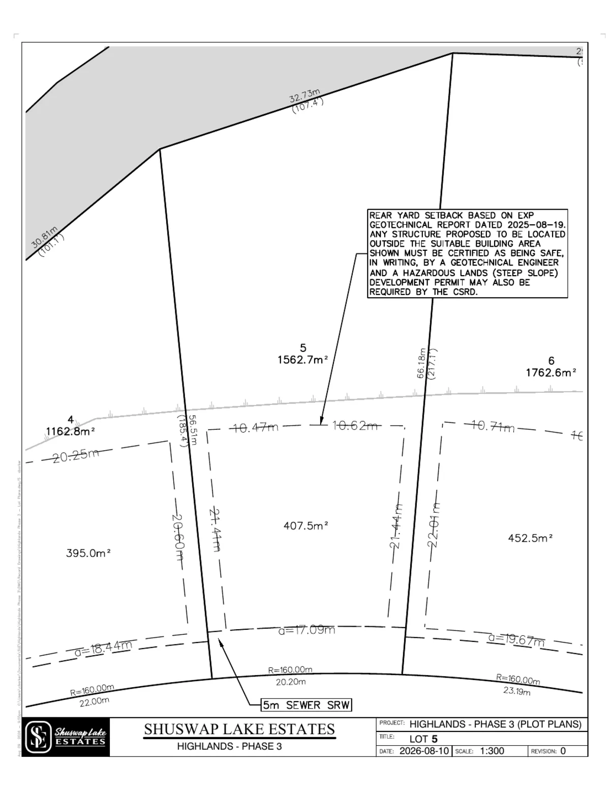 Lot 5 registered survey plot plan — dimensions, setbacks and easements, The Highlands at Blind Bay Phase 3