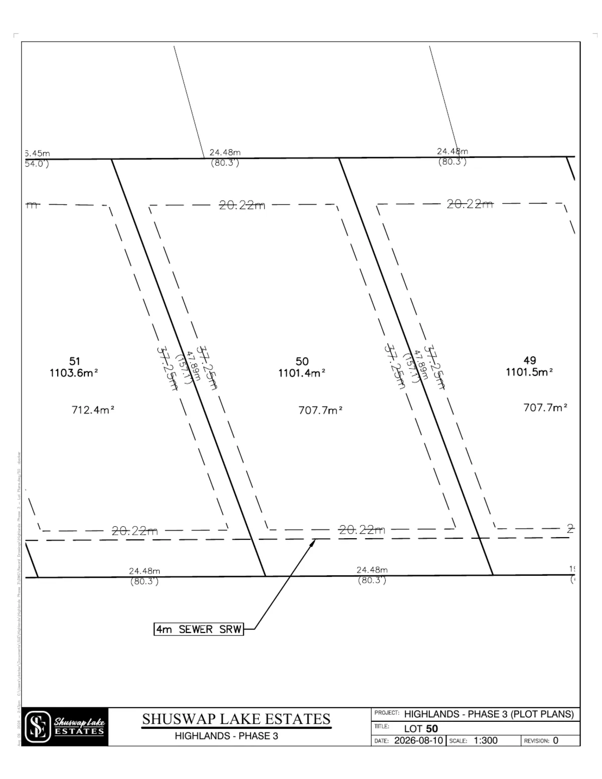 Lot 50 registered survey plot plan — dimensions, setbacks and easements, The Highlands at Blind Bay Phase 3