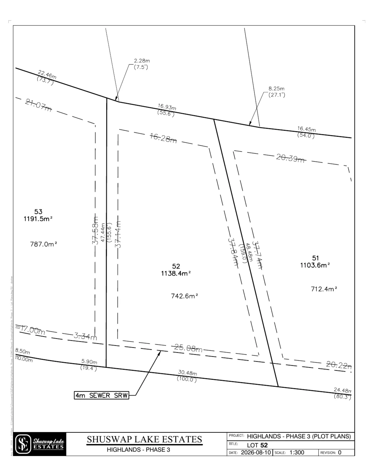 Lot 52 registered survey plot plan — dimensions, setbacks and easements, The Highlands at Blind Bay Phase 3
