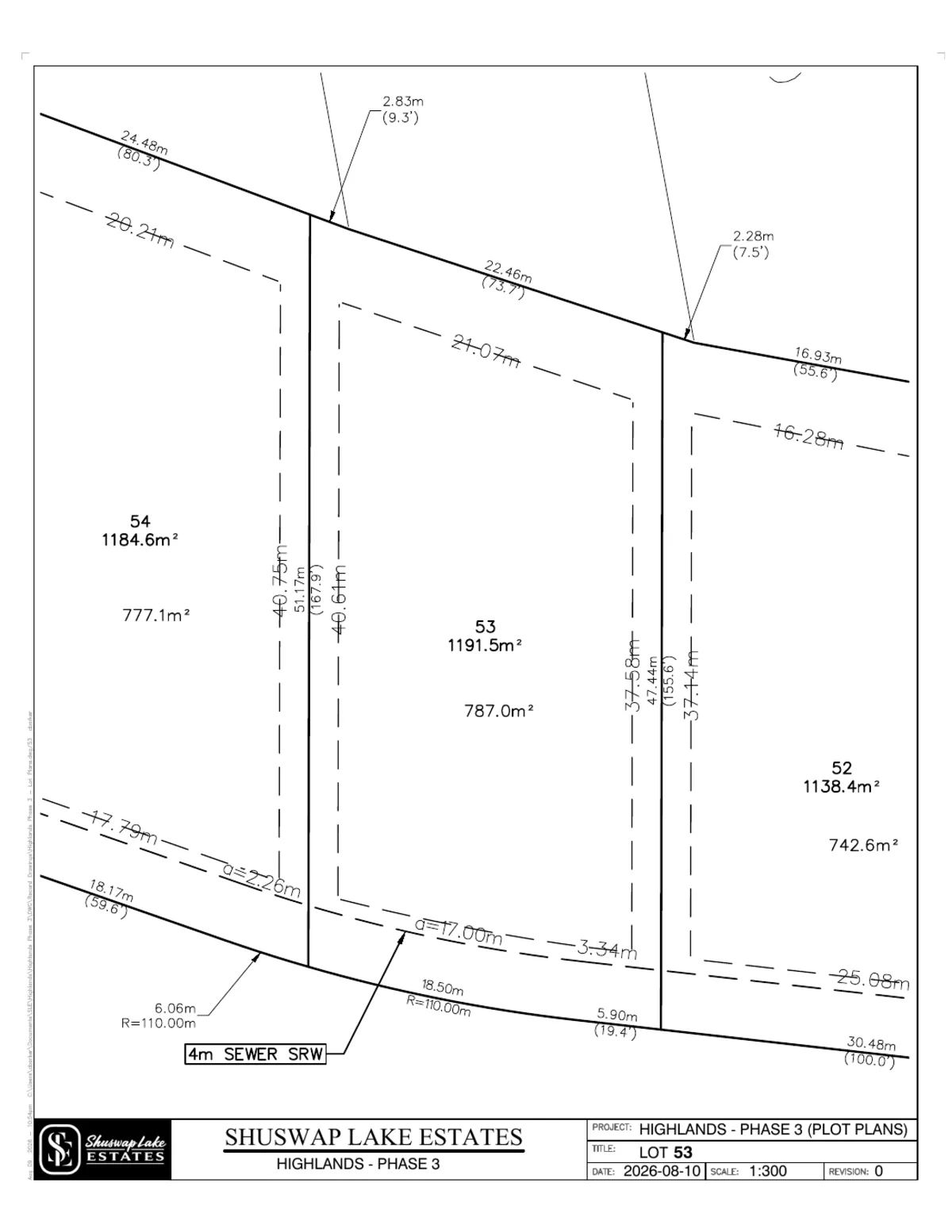 Lot 53 registered survey plot plan — dimensions, setbacks and easements, The Highlands at Blind Bay Phase 3