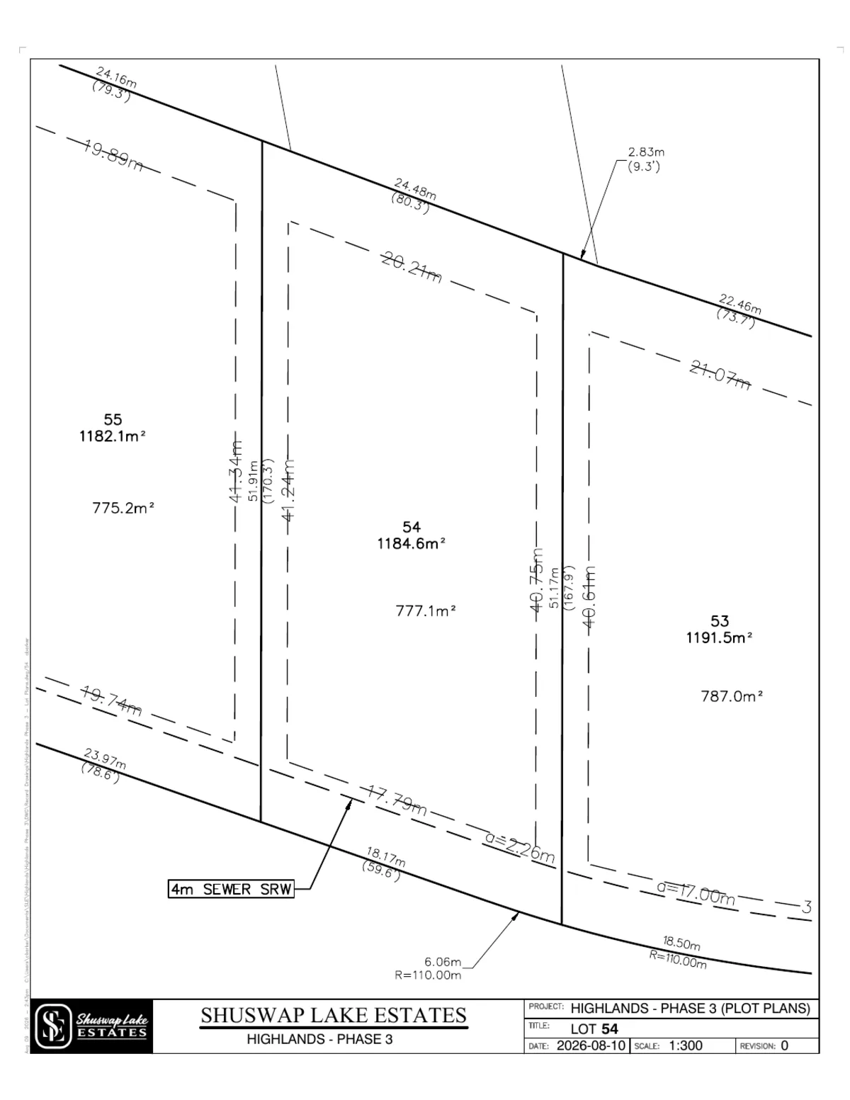 Lot 54 registered survey plot plan — dimensions, setbacks and easements, The Highlands at Blind Bay Phase 3