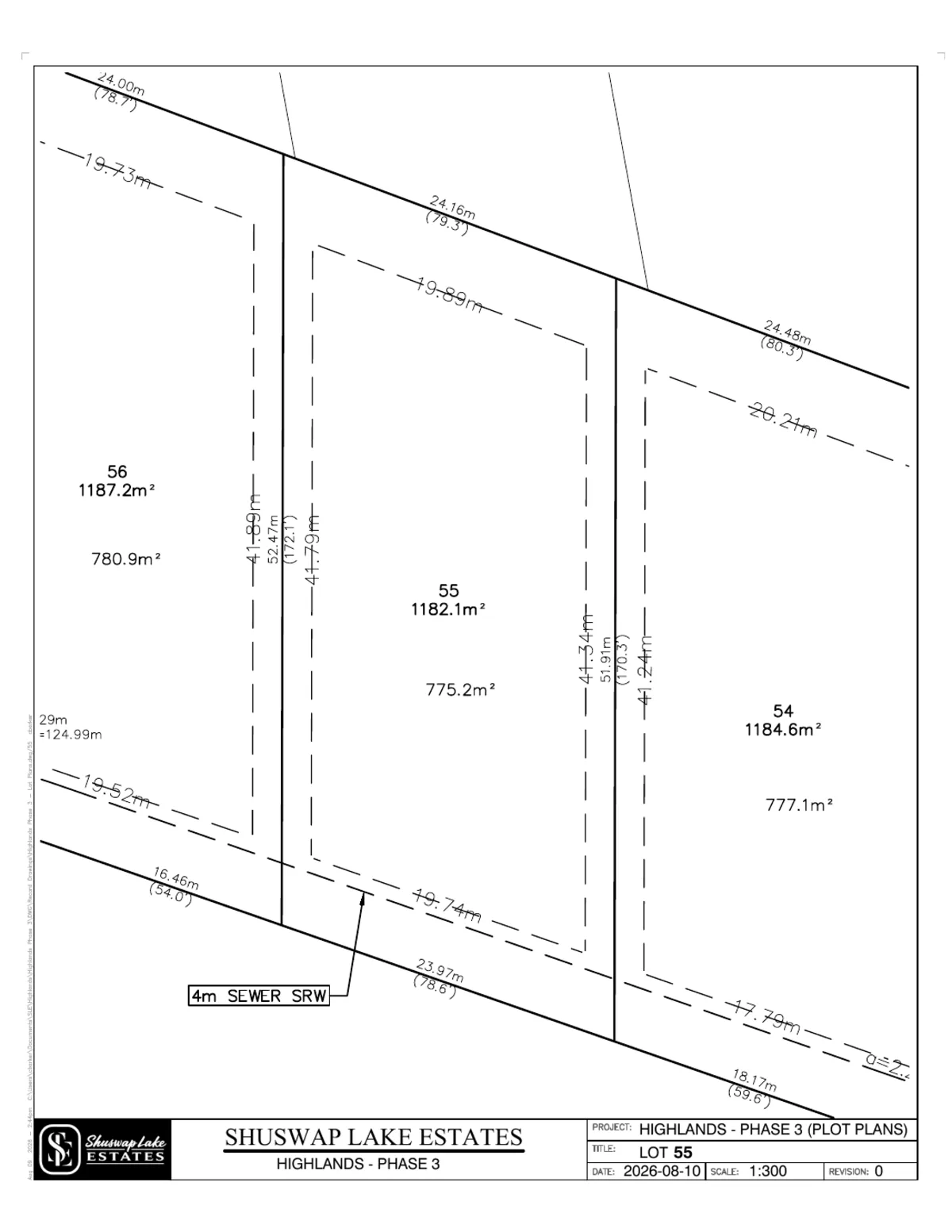 Lot 55 registered survey plot plan — dimensions, setbacks and easements, The Highlands at Blind Bay Phase 3