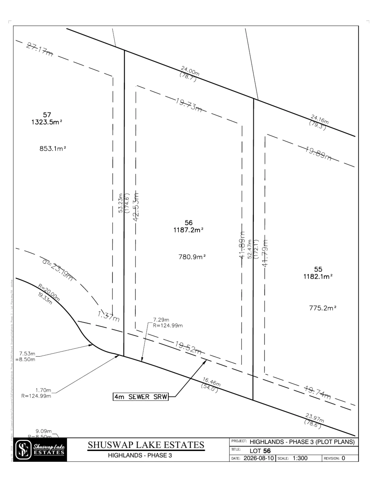 Lot 56 registered survey plot plan — dimensions, setbacks and easements, The Highlands at Blind Bay Phase 3