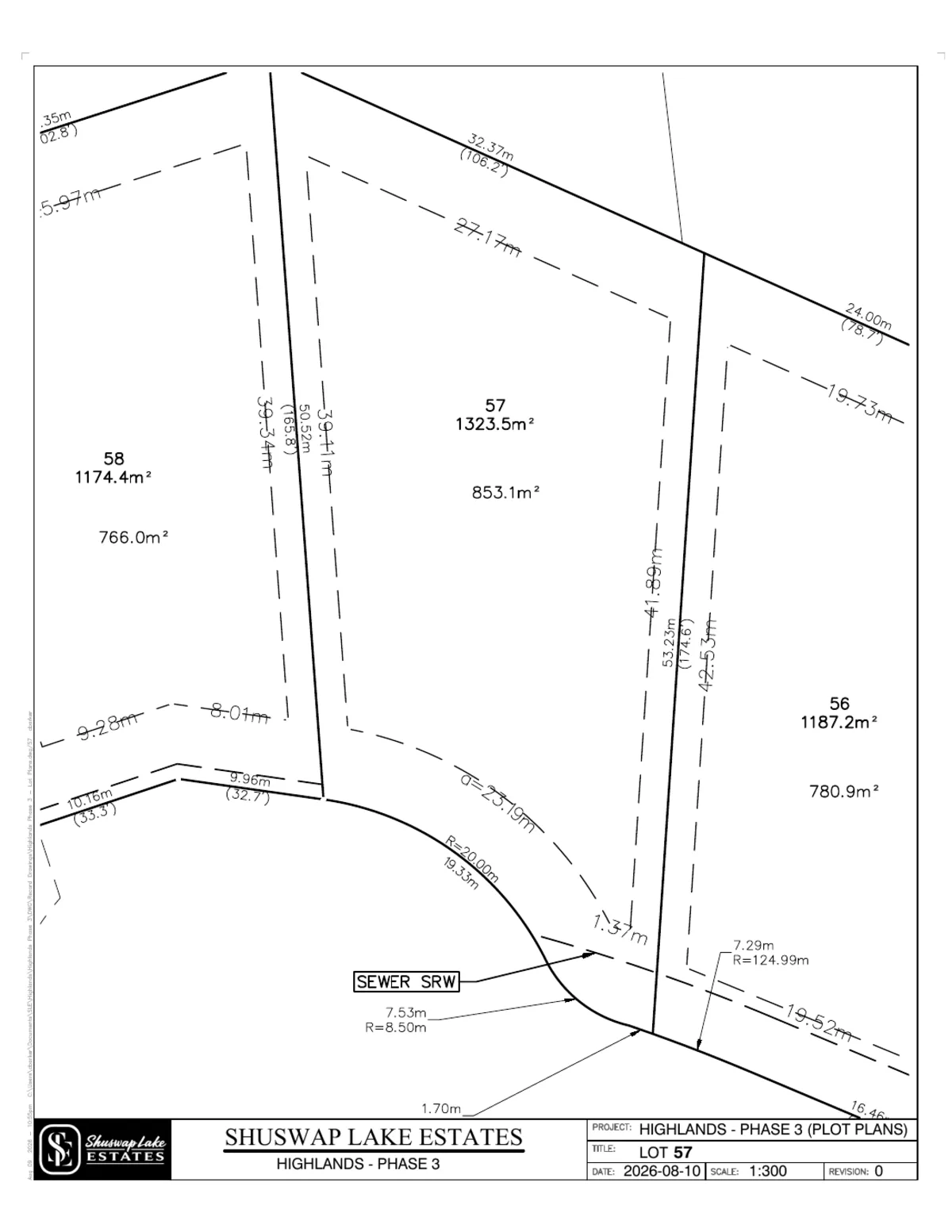 Lot 57 registered survey plot plan — dimensions, setbacks and easements, The Highlands at Blind Bay Phase 3