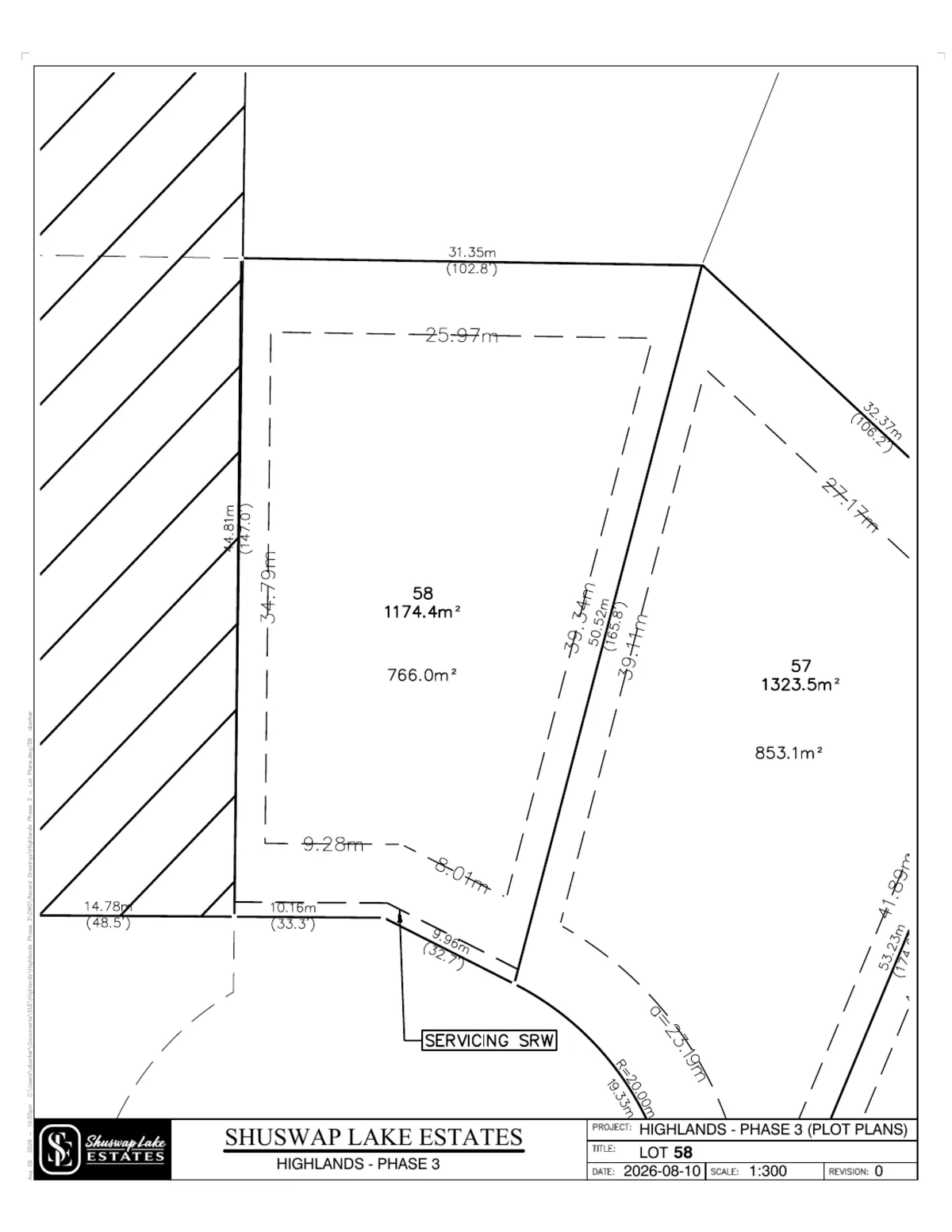 Lot 58 registered survey plot plan — dimensions, setbacks and easements, The Highlands at Blind Bay Phase 3