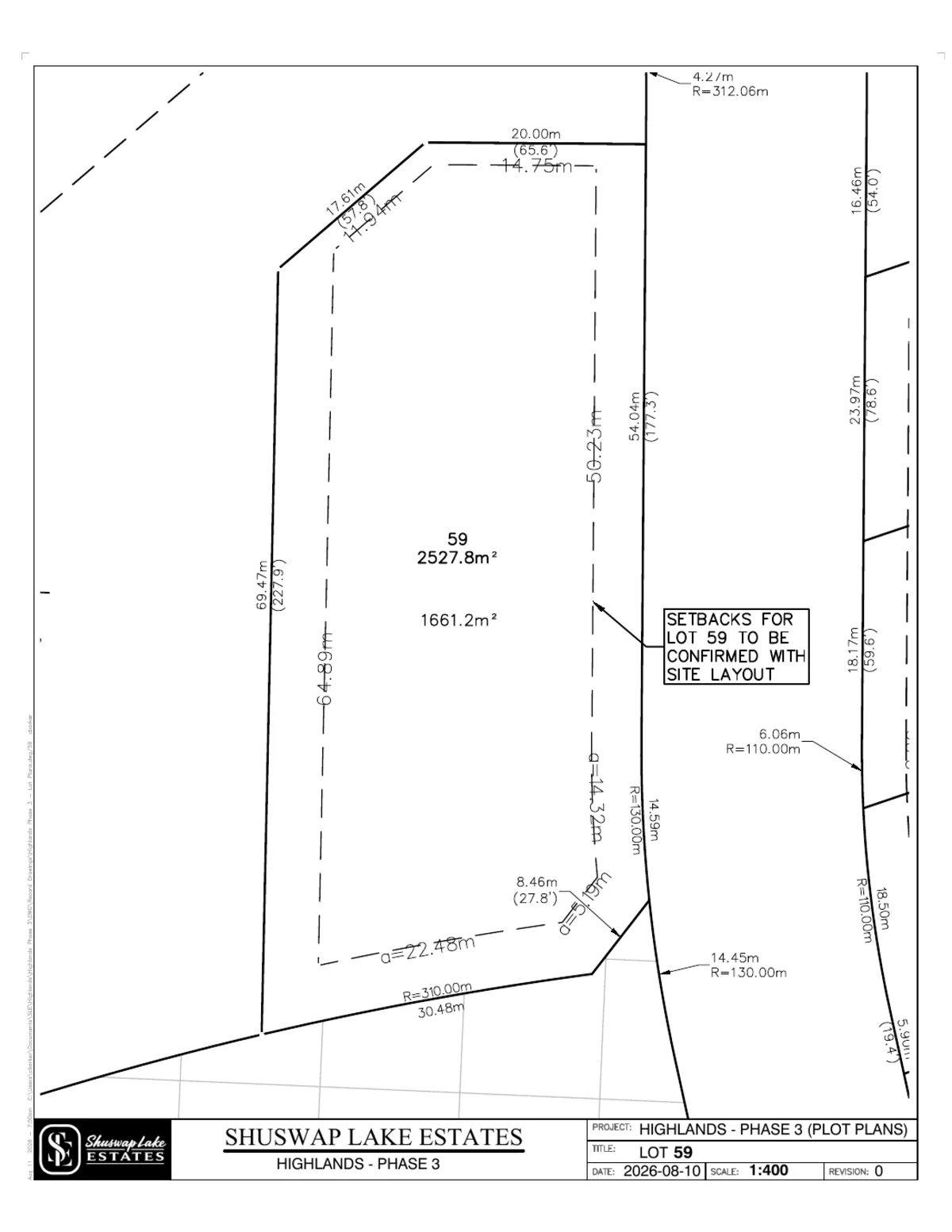 Lot 59 registered survey plot plan — dimensions, setbacks and easements, The Highlands at Blind Bay Phase 3