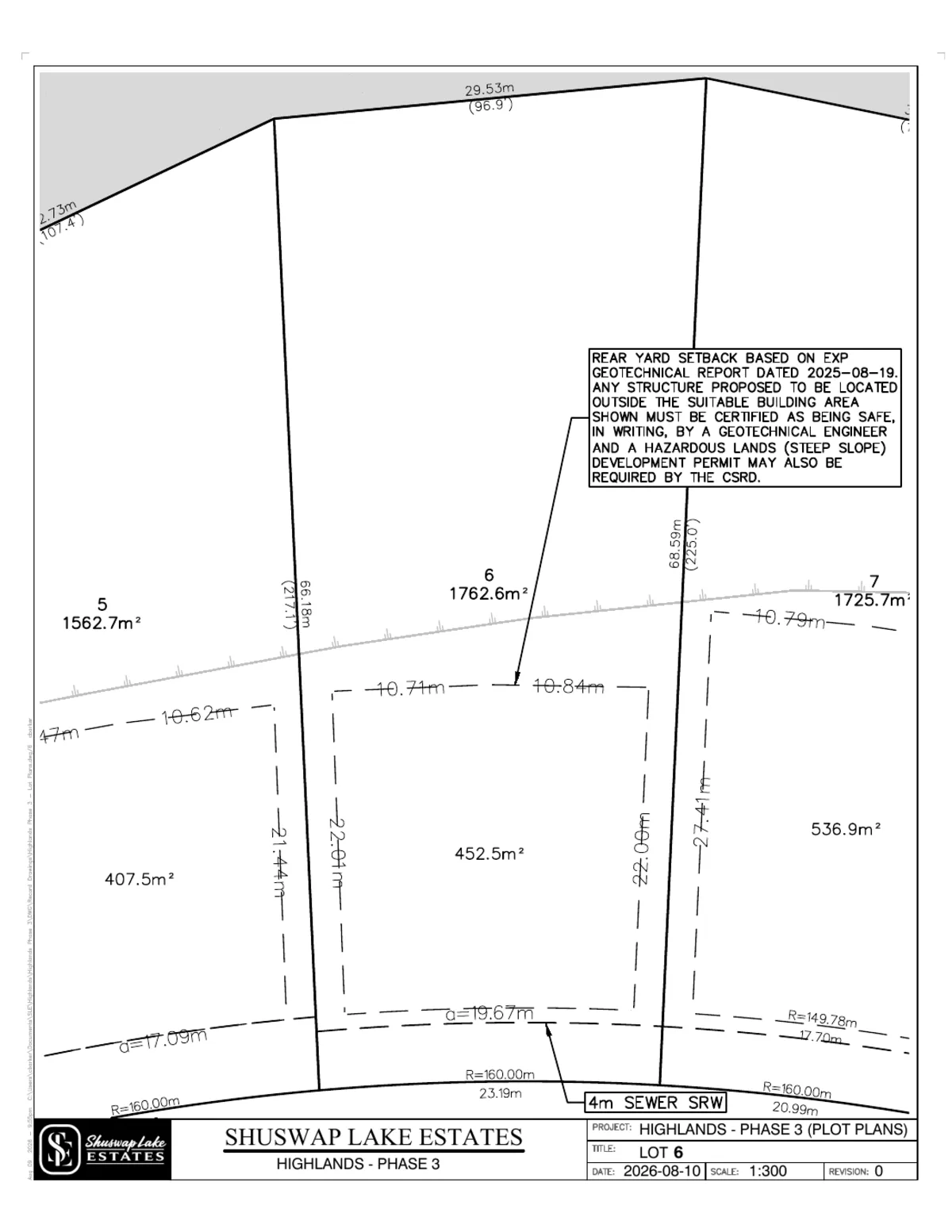 Lot 6 registered survey plot plan — dimensions, setbacks and easements, The Highlands at Blind Bay Phase 3