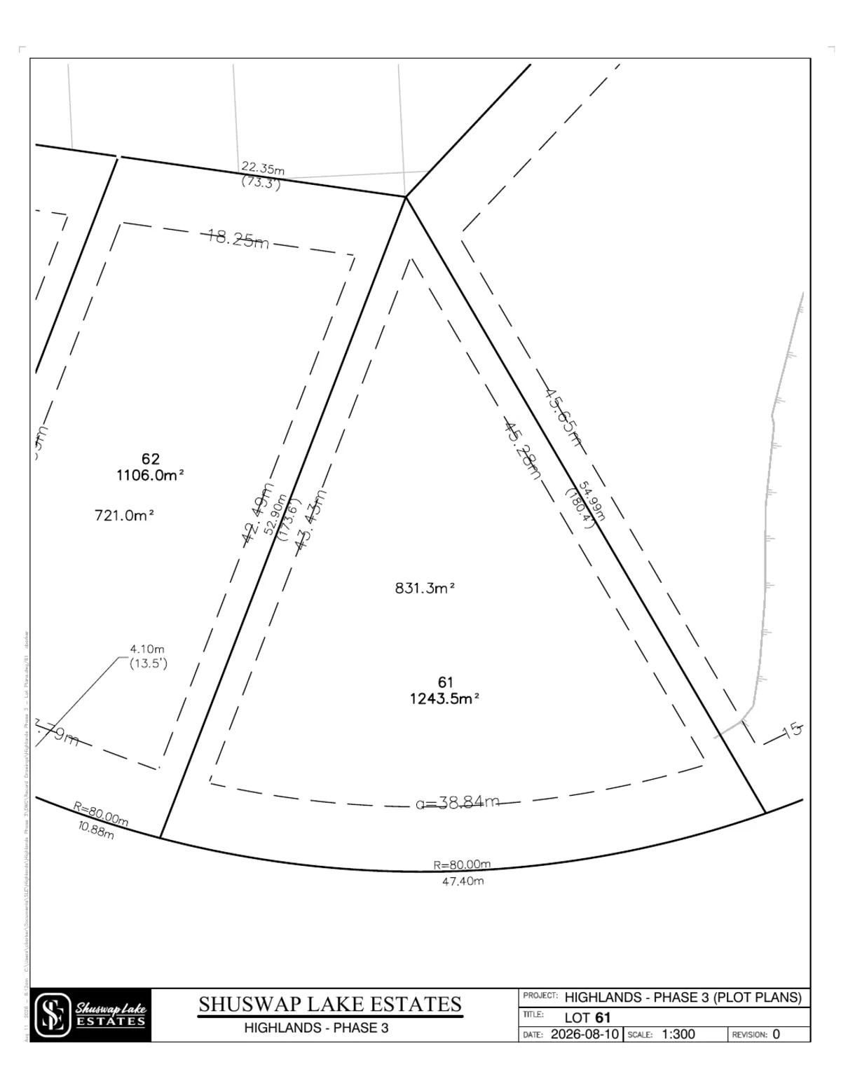 Lot 61 registered survey plot plan — dimensions, setbacks and easements, The Highlands at Blind Bay Phase 3