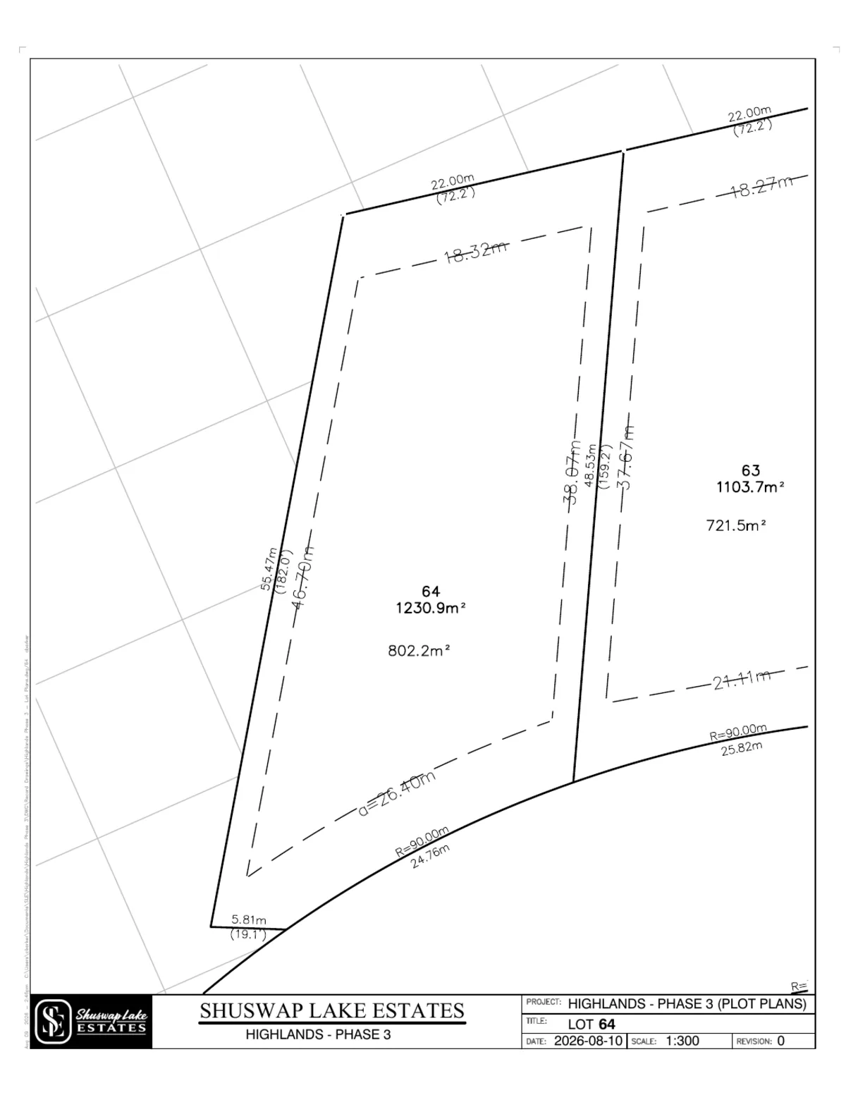 Lot 64 registered survey plot plan — dimensions, setbacks and easements, The Highlands at Blind Bay Phase 3