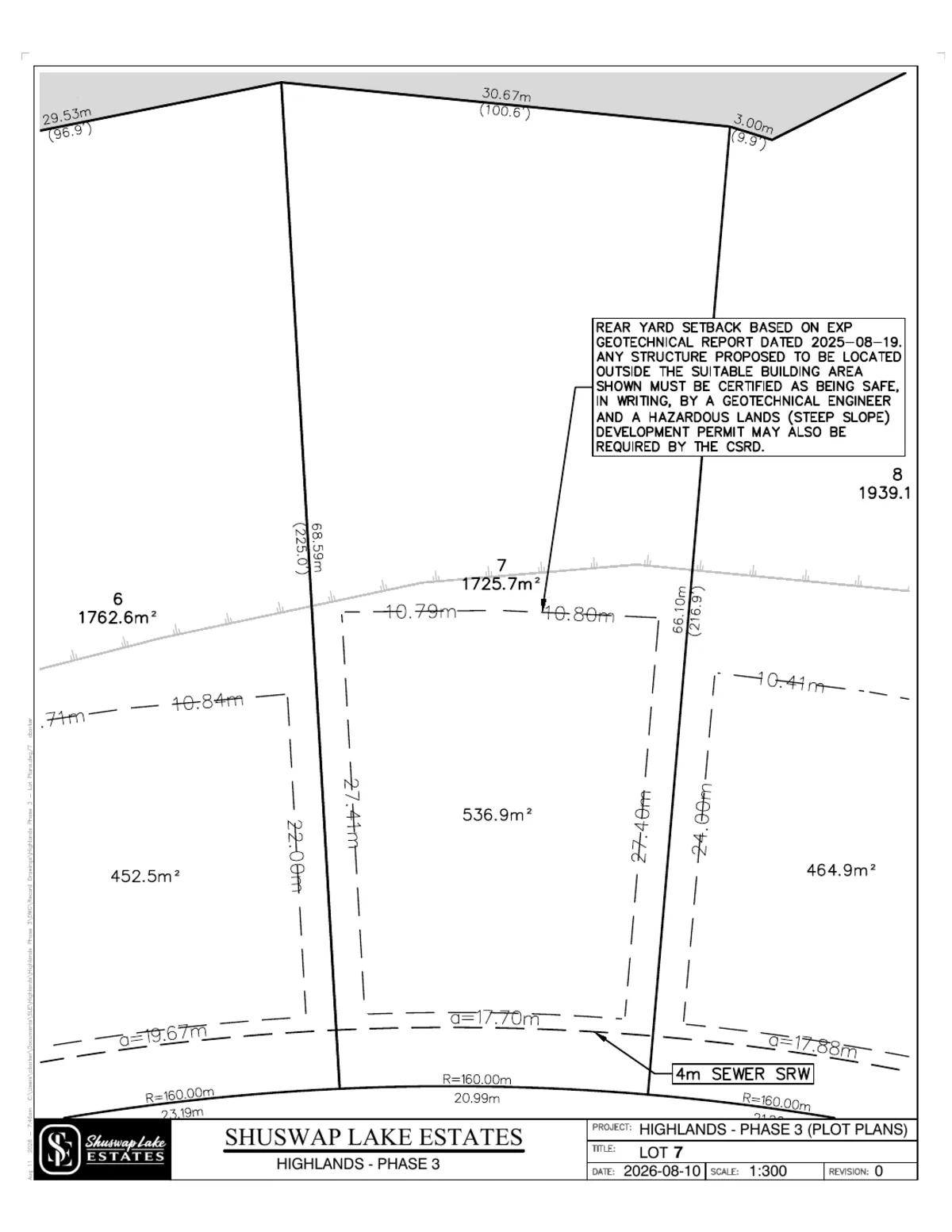 Lot 7 registered survey plot plan — dimensions, setbacks and easements, The Highlands at Blind Bay Phase 3