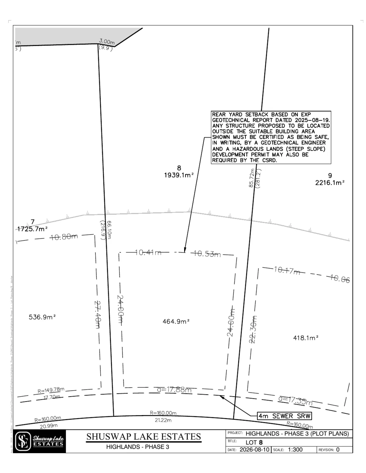 Lot 8 registered survey plot plan — dimensions, setbacks and easements, The Highlands at Blind Bay Phase 3