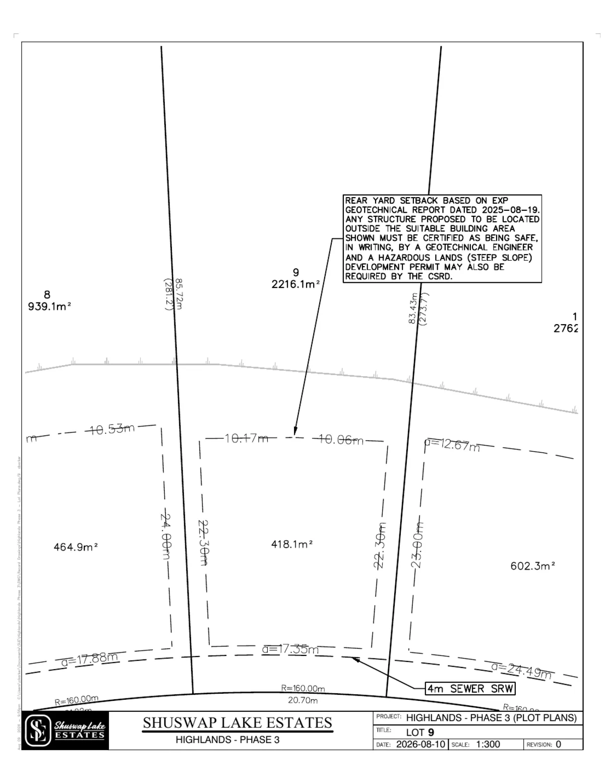 Lot 9 registered survey plot plan — dimensions, setbacks and easements, The Highlands at Blind Bay Phase 3
